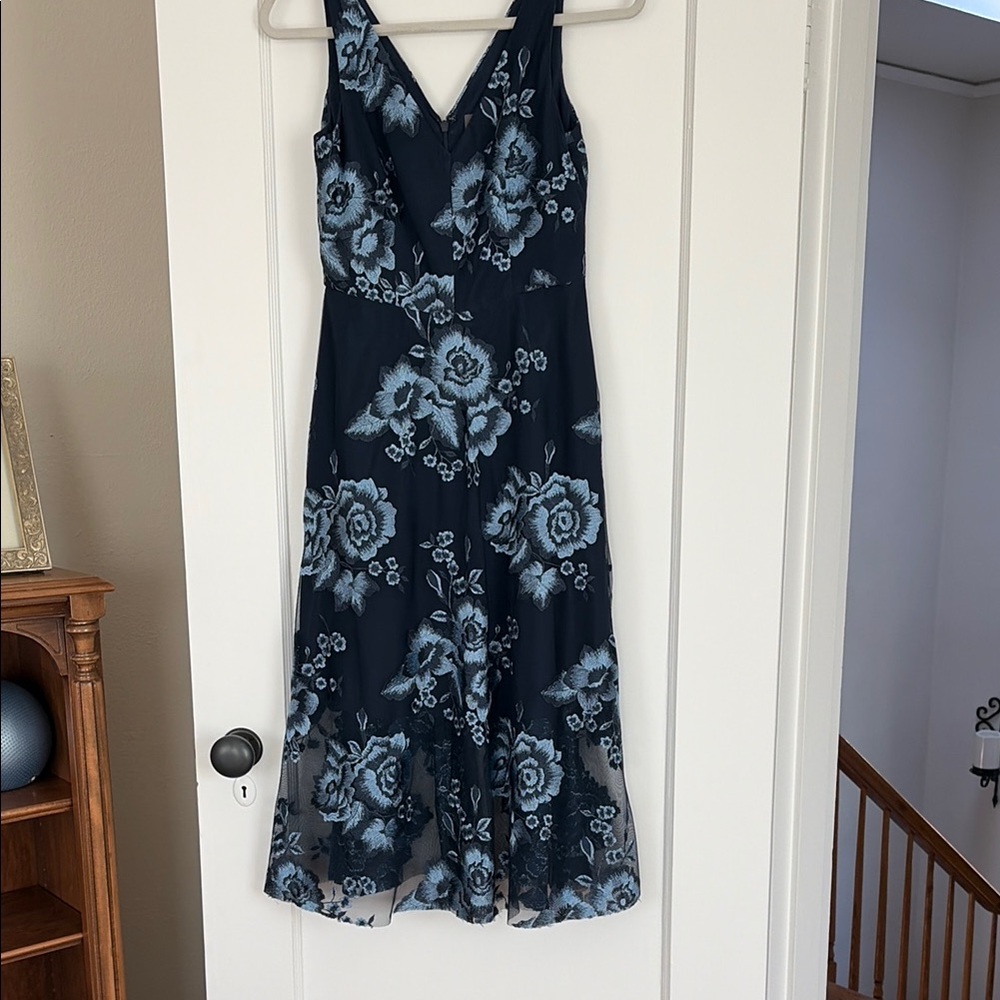 Elegant Floral Midi Dress in Navy Blue